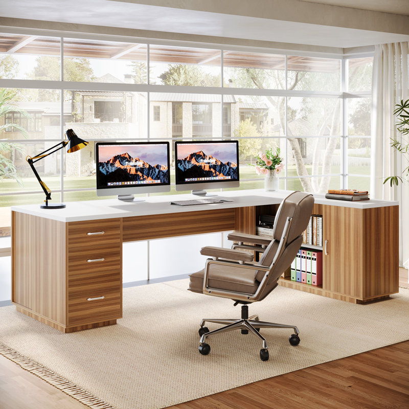 85.8" L-Shaped Executive Desk with File Drawers, White/Brown