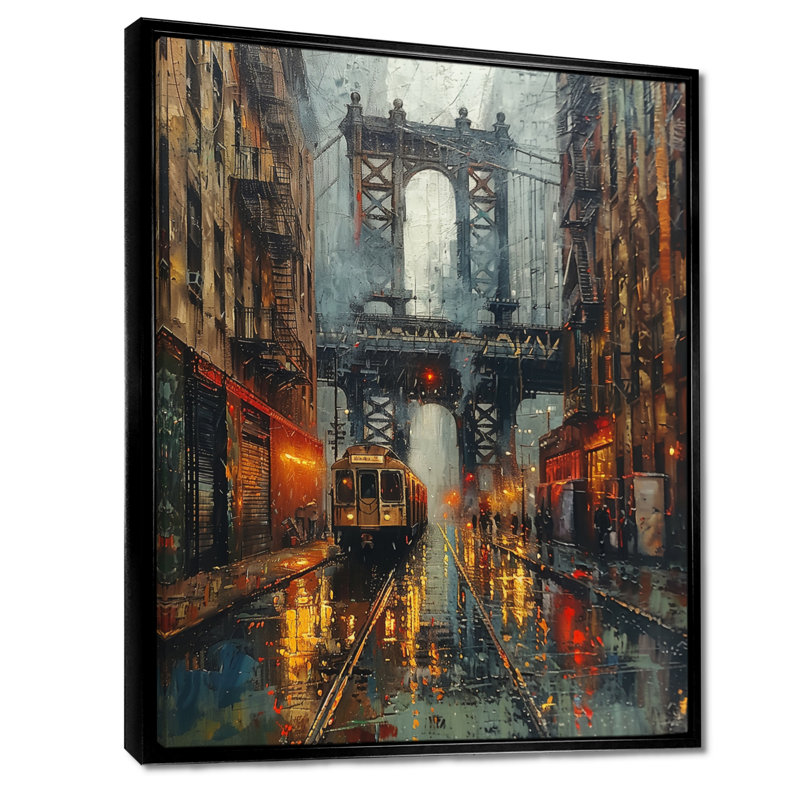 Pont brun et rouge Brooklyn City Bridge - art mural, Toile avec cadre flottant noir, H 20 po x l 12 po x P 1 po