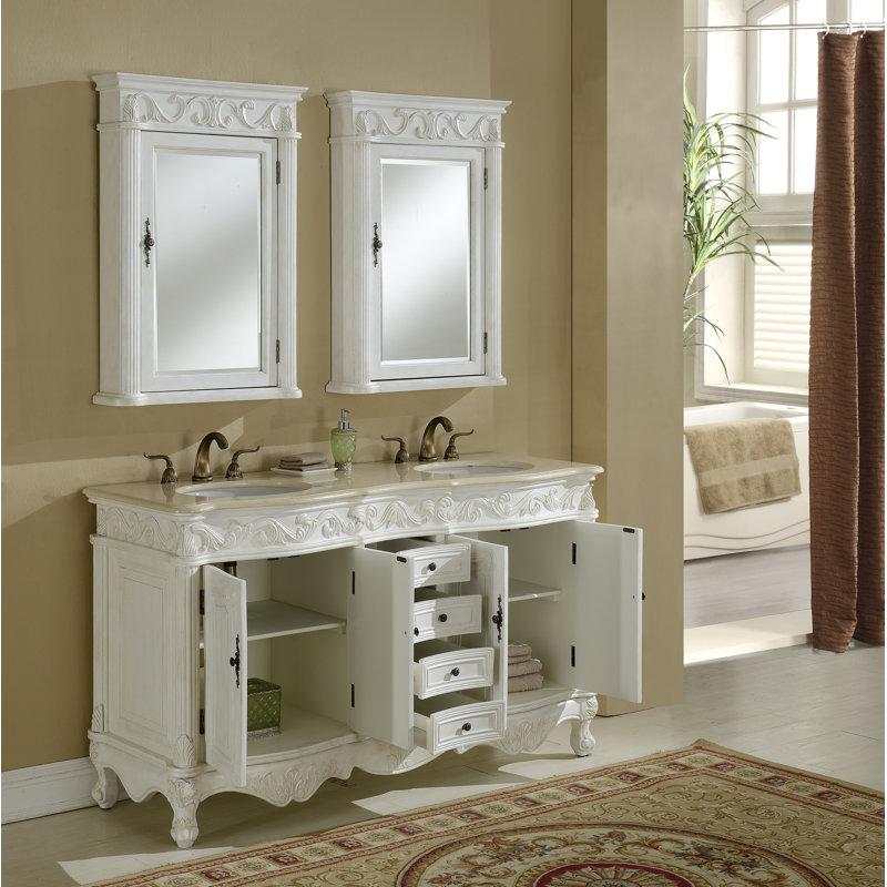 60'' Double Bathroom Vanity with Marble Top, Antique White, Cream