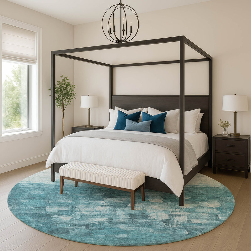 Premium Machine Washable Mayfield Abstract Rug, Teal, 8' Round