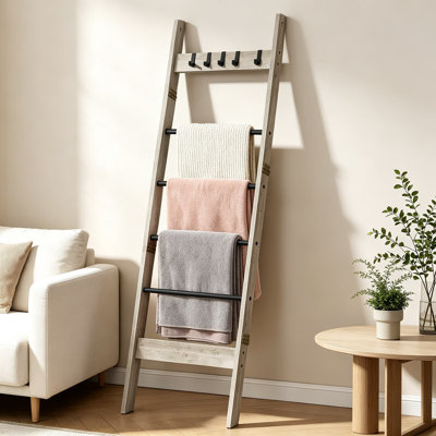 Decorative Blanket Ladder Quilt Rack with Removable Hooks, Farmhouse Style Leaning Towel Shelf Organizer for Living Room and Bedroom