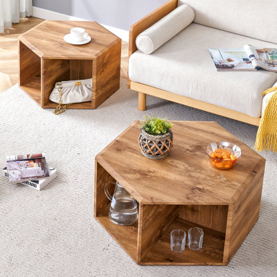 Wood Hexagonal Tables - Stylish Design, Practical Storage, Structure Modern Coffee Wood Color Theme, Spacious Storage Compartments