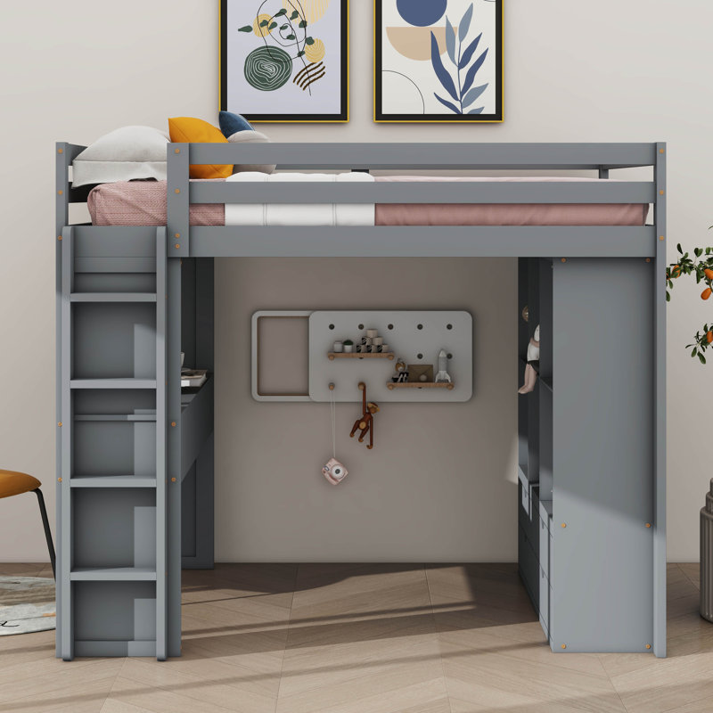 Lit mezzanine avec grandes tablettes Jonavan, gris, Double