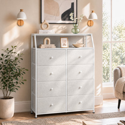 Commode haute moderne à 8 tiroirs de 47 po pour chambre à coucher avec tablettes ouvertes, commode de rangement crème de qualité supérieure avec bacs en tissu, commode pour chambre d'enfant, chambre de bébé, salon