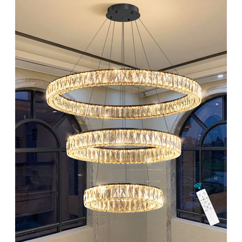 Large Dimmable Chandelier Led Crystal Rings, Matte Black, 78" H x 39.4" W x 39.4" D