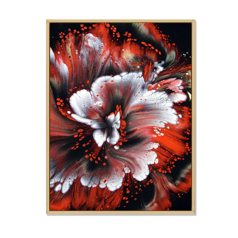 Rouge mélangé abstrait fluide - art mural moderne sur toile, H 12 po x l 8 po x P 1,5 po, Cadre flottant brun