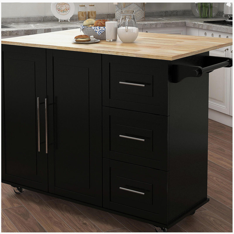 Kitchen island with spice rack, towel rack, and extendable solid wood top - black