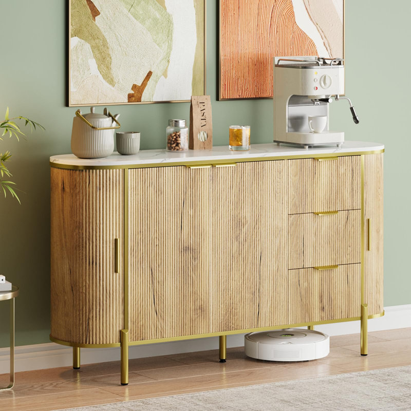 Sideboard Buffet Storage Cabinet, 60in Large Modern Fluted Cupboard Coffee Bar TV Console Cabinet with 3 Drawers, Oak