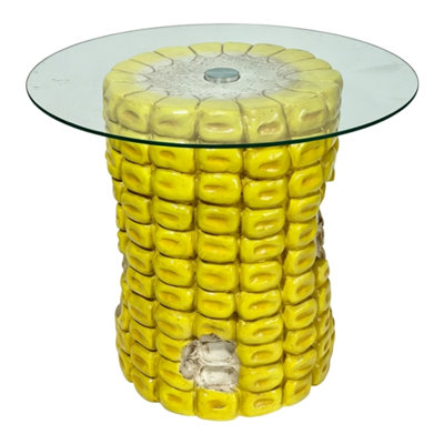 17.32" High Novelty Corn Cob Side Table, 19.69" Wide Resin Vegetable-Shaped End Table with Glass Top, Multi-Functional Accent Furniture for Home & Garden Decoration