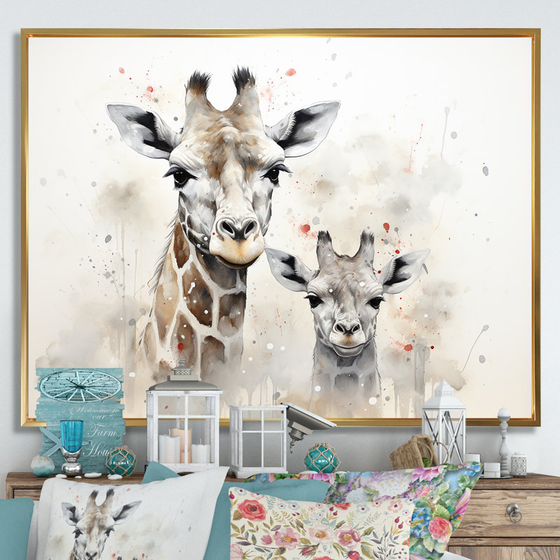 Famille de girafe beige ludique, H 16 po x l 32 po x P 1 po, Cadre flottant doré