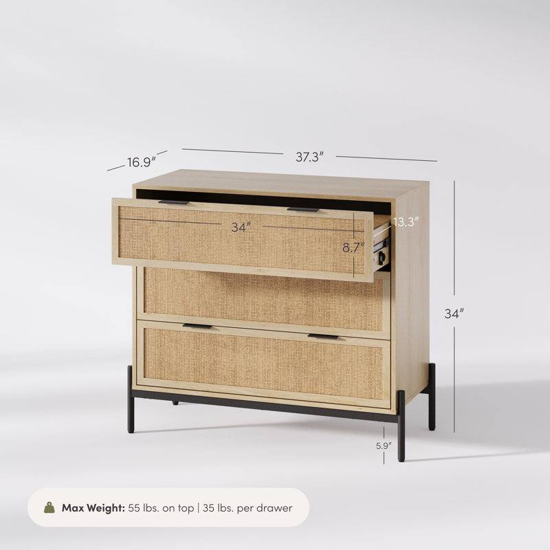 Commode 3 tiroirs en rotin avec pieds en métal, Chêne / noir