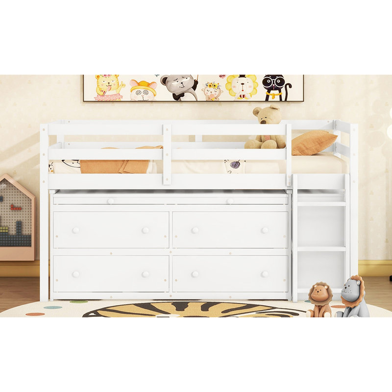Lit mezzanine blanc simple avec bureau portable et bureau de rangement spacieux à 4 tiroirs, blanc, pour une chambre organisée