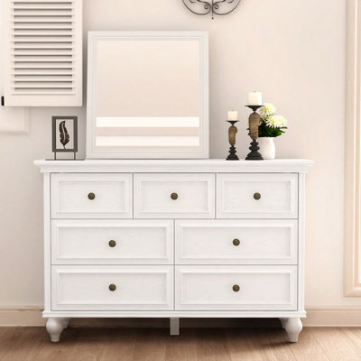 7 Drawer Storage Cabinet Dressing Table Wardrobe TV Stand Organizer Vintage Dresser with Metal Handles White Finish