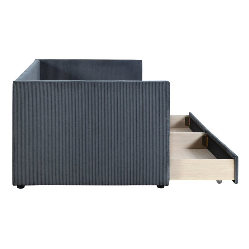 Corduroy Upholstered Daybed with Drawers ,Wood Slat, Gray