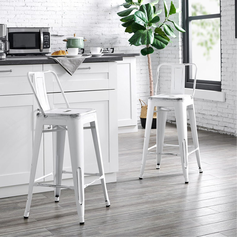 Tabourets de bar modernes, modernes, légers, industriels, rustiques, rétro, côtières, avec dossier et 4 pieds, Blanc