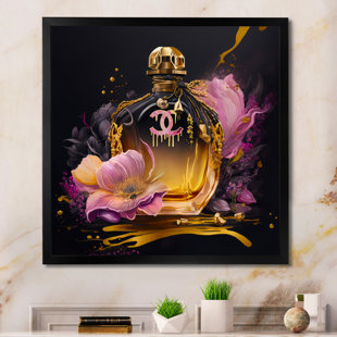 Chic Perfume Bottle With Pink Roses I - Fashion Framed Canvas Print Wall Art
