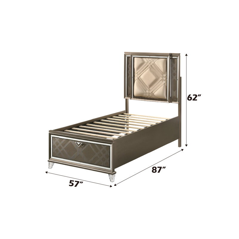Champagne Faux Leather Full Bed with Storage and LED Lighting