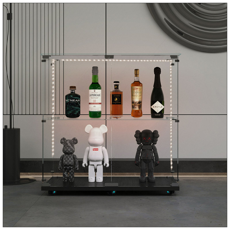Vitrine en verre trempé, armoire à vin, armoire de rangement, classeur, avec bande lumineuse à DEL Bluetooth, roulettes pivotantes verrouillables, convient aux sols inégaux, peut être placé n'importe où, couleur: noir
