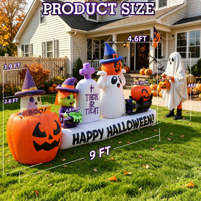 Décoration gonflable d'Halloween de 2,74 m (9 pi), bannière animée de citrouille sorcière à déploiement rapide