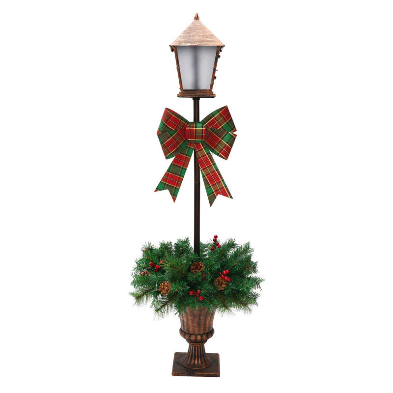 Ensemble de 2 lampadaires de Noël pré-illuminés, urne de Noël lumineuse avec nœud à carreaux, pommes de pin et baies rouges, décoration artificielle extérieure pour l'entrée de votre porte.
