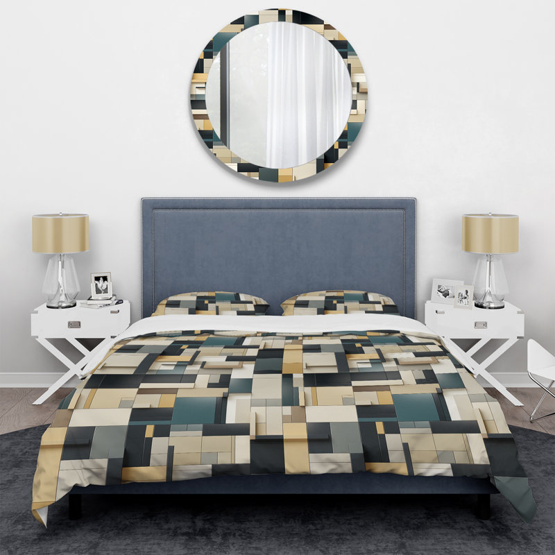 Literie taupe à blocs géométriques Harmony I, Housse de couette simple + 1 taie décorative stan