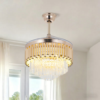 Gold Crystal Ceiling Fan With Lights, 3 Color Dimmable, Remote Control, Quiet Flush Mount For Bedroom
