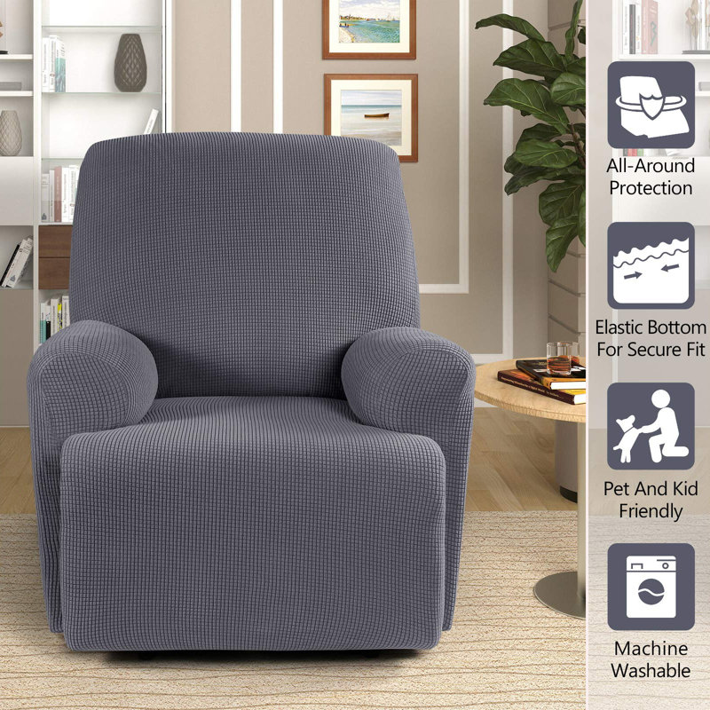 Gray Stretch Polyester Spandex Recliner Chair Cover with Side Pocket