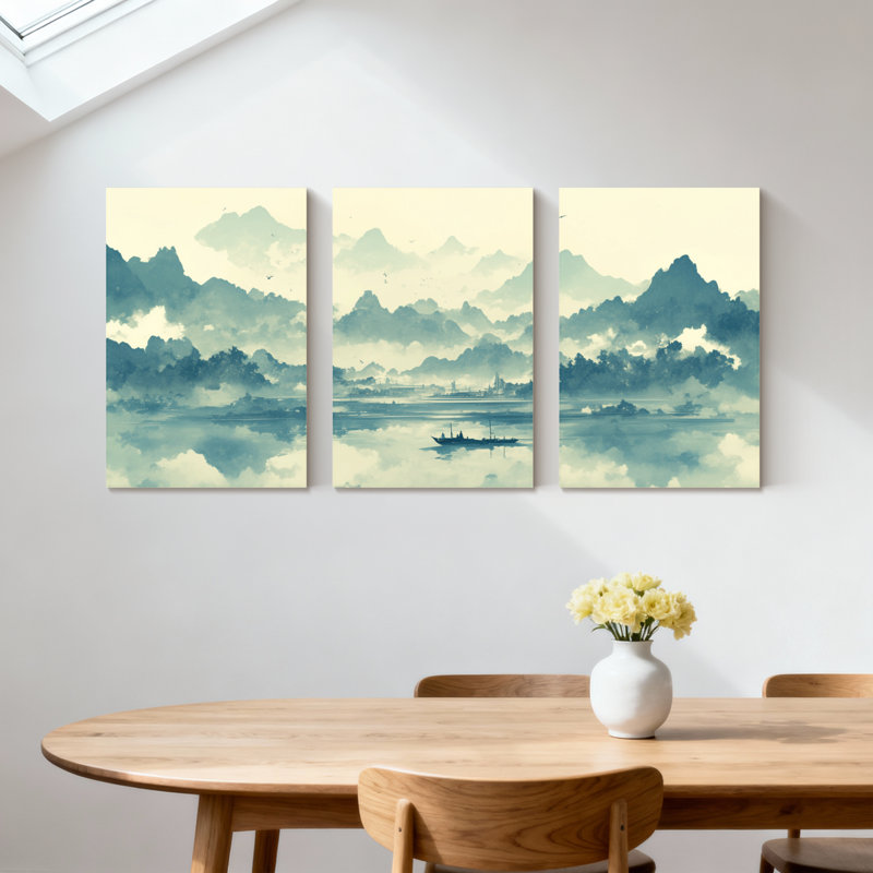 Paysage et nature montagne lac bateau brume nuage ciel eau reflet ensemble de 3 impressions d'art sur toile
