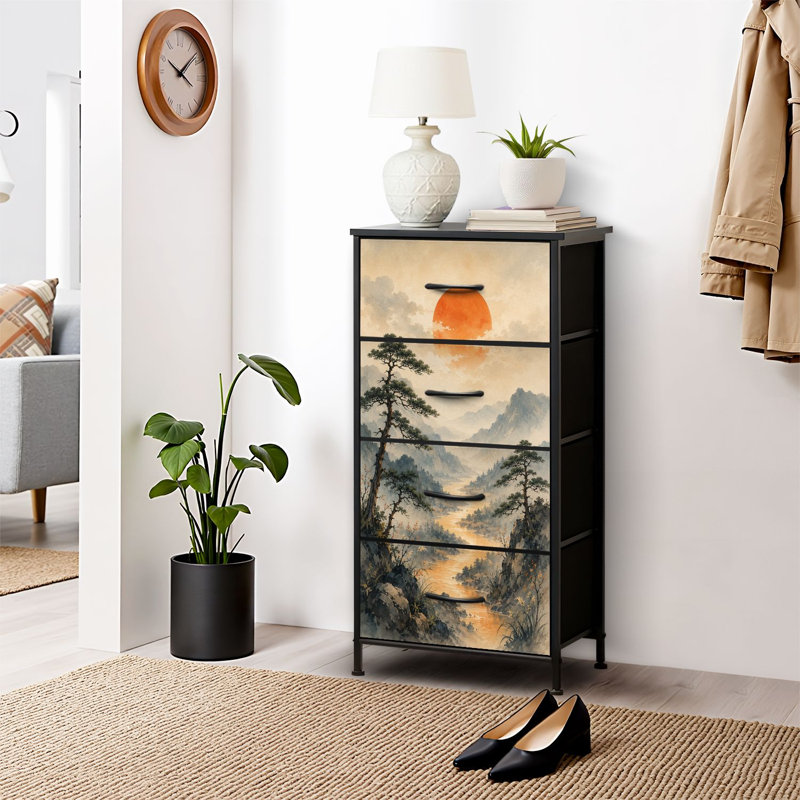 Commode 4 tiroirs pour chambre à coucher, commode étroite, plateau en bois et structure en fer 18 "x 37,5" - (l x H) - avec paysage de montagne serein, soleil rouge, rivière qui coule