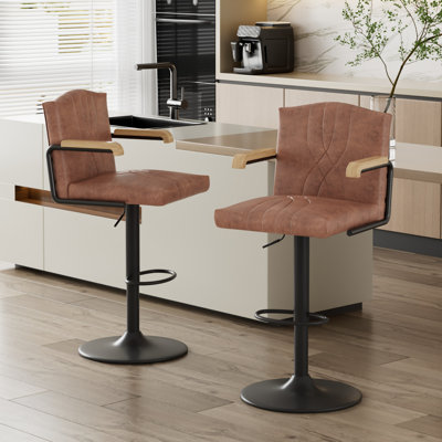 Set Of 2 Adjustable Swivel Bar Stools With Backs And Armrests, Faux Leather Kitchen Island Counter Height Bar Chairs With Round Metal Base And Footres by 17 Stories