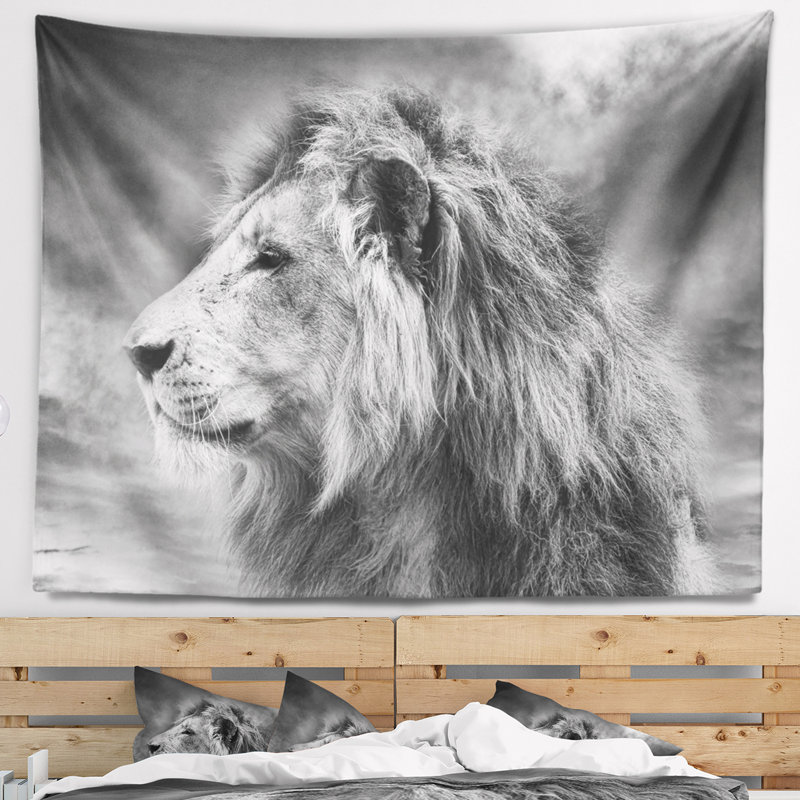 Tapisserie de lion africain sauvage gris animal, H 32 po x l 39 po