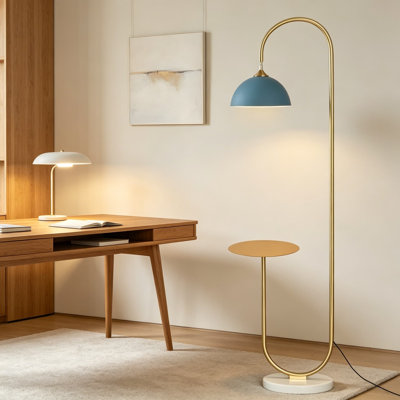 Modern Floor Lamp With Side Table, Adjustable Reading Light For Living Room And Bedroom, Brushed Brass Finish With Blue Fabric Shade, Stable Weighted Marble Base