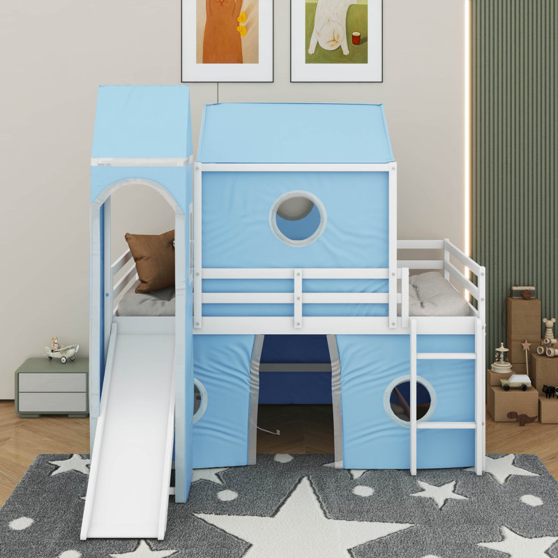 Lit mezzanine double avec tente coulissante et tour, Bleu