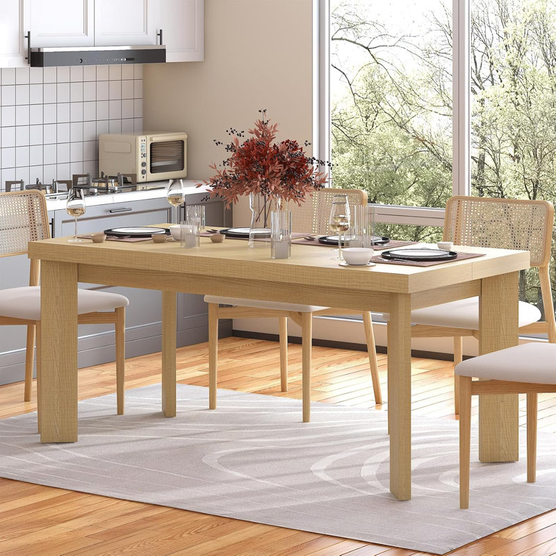 63 Inch Dining Table for 6, Indoor Outdoor Dining Table with Wood Legs, Kitchen Table with Large Tabletop, Rectangular Dinner Table for Dining Room, Living Room, Kitchen, Natural