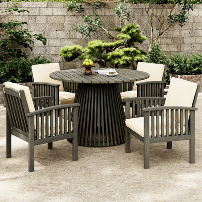 Extérieur de 4 fauteuils club en bois, finition grise, coussins crème-eau, confortable pour les fauteuils de patio en bois 4, conception peu encombrante, cour pour coussins