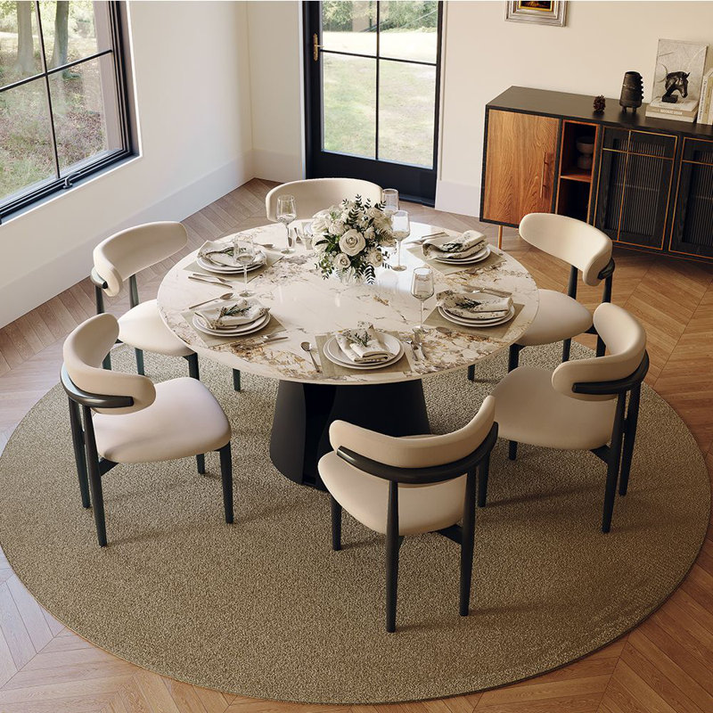 59" Vera Modern Round Dining Table, Sintered Stone Tabletop With Carbon Steel Pedestal Base for Kitchen, Black, Pandora