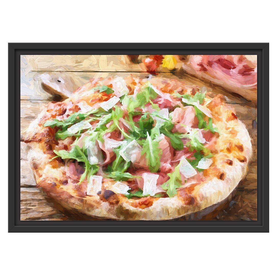 Gerahmtes Wandbild Prosciutto Pizza auf Holztisch