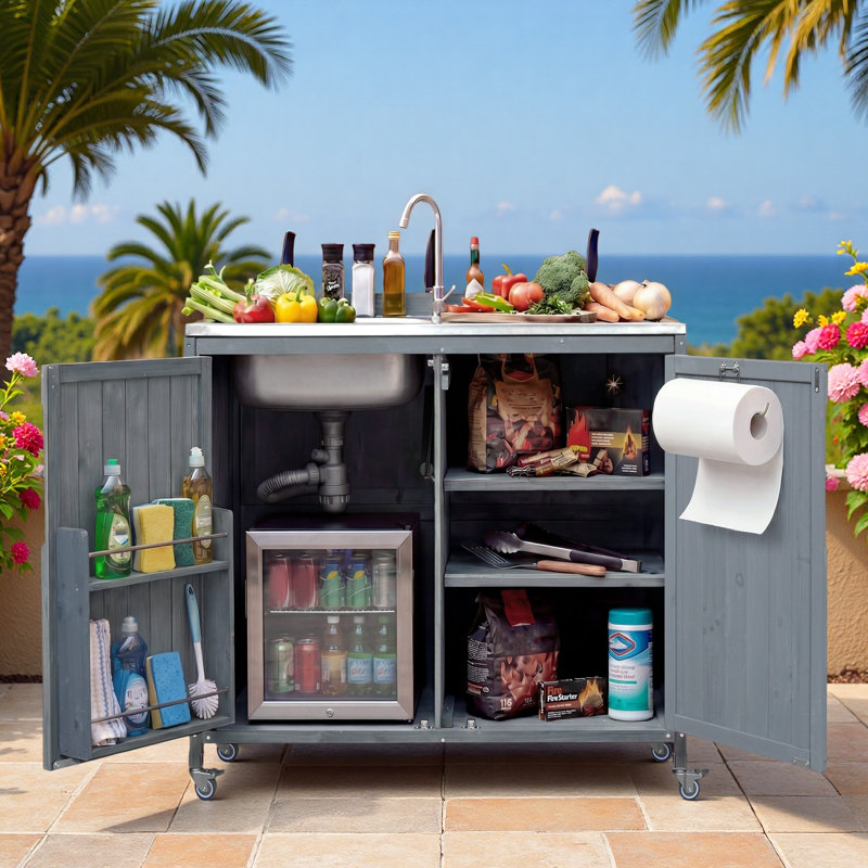 Îlot de cuisine extérieur avec évier en acier inoxydable, supports de rangement internes, tablettes et roues réglables, Gris
