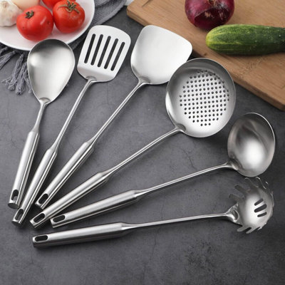Ensemble d'ustensiles de cuisine 6 pièces en acier inoxydable, outils de cuisson professionnels tout en métal avec spatule wok, louche, écumoire, tourneur à fentes, cuillère à spaghetti et grande cuillère