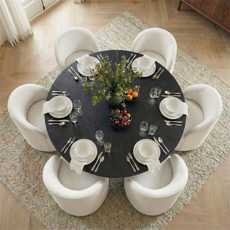 6 - Person Dining Table Sets With Round Table & 6 Upholstered Fabric Chairs, White, Black