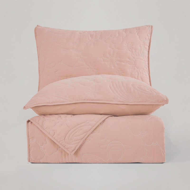 Solid Quilt Set With Star With Vibrant Embroidered Patterns, Queen Quit + 1 Standard Sham, Light Pink