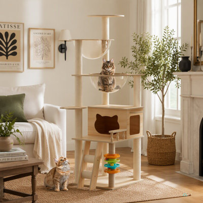Tour à chat 59 po moderne, tour à chat en bois pour chats d'intérieur, arbre à chat avec poteaux à griffes recouverts de sisal et perchoir supérieur, maisonnette pour chat avec hamac en acrylique pour petits chats