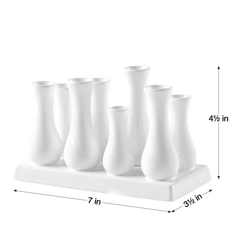 Modern Gloss White Ceramic 8-Tube Bud Vase with Connected Base