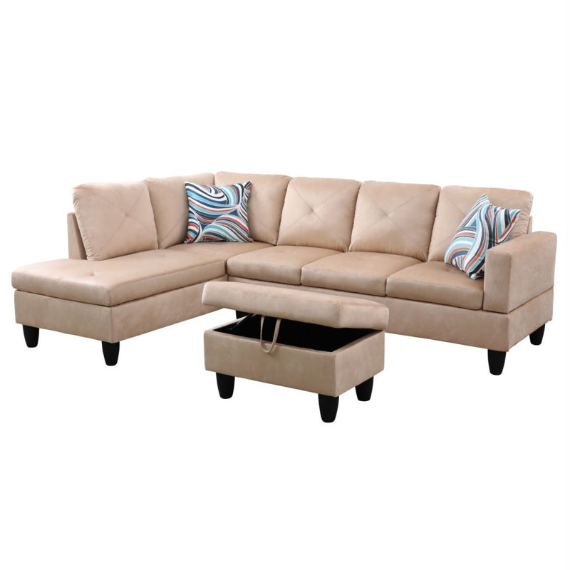 Canapé modulaire en L 3 pièces pour salon Manol, Accoudoir à gauche (vu de face), Microfibre/microsuède beige