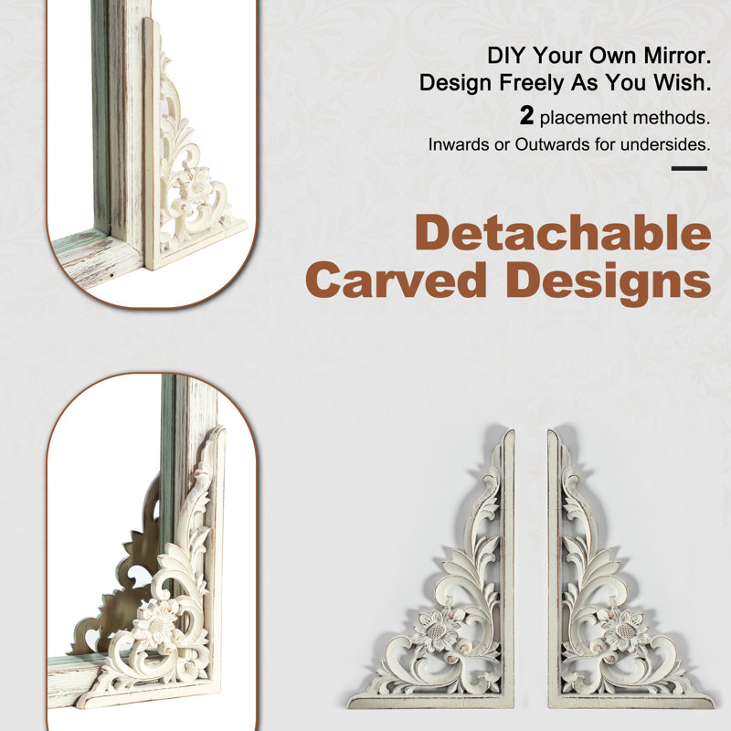 Anjulie Arch Solid Wood Mirror Ornate Mirror Wall Mirror Retro Mirror with Carved Frame, Weathered White, 67" x 28"