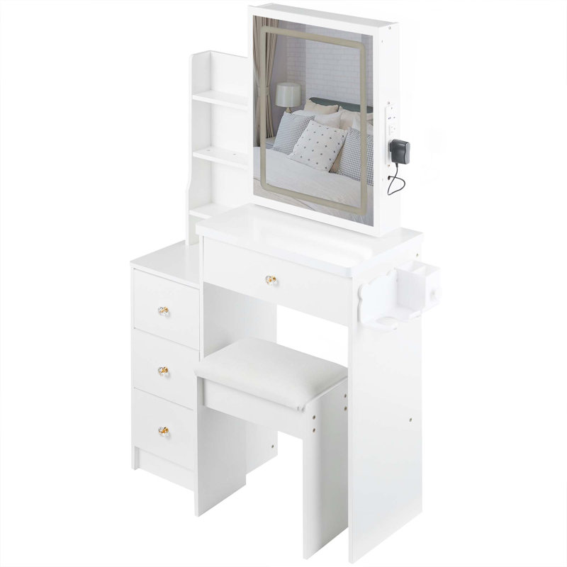 Petite coiffeuse 29,2 po avec tabouret de chevet gauche + tabouret rembourré, 2 blocs d'alimentation CA + 2 ports USB, support pour sèche-cheveux, très grand miroir à DEL coulissant à contrôle tactile, changement de couleur tricolore, réglage de la