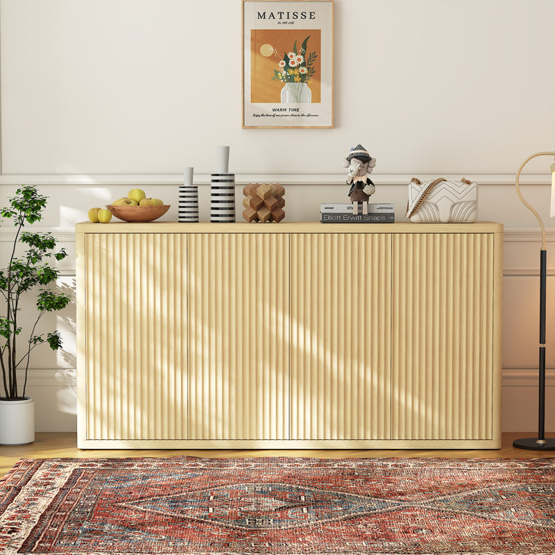 Buffet 66,3 po avec rangement, crédence d'appoint cannelée moderne avec tablettes réglables et 4 portes, console de bar en bois pour le salon, la cuisine, la salle à manger, le couloir