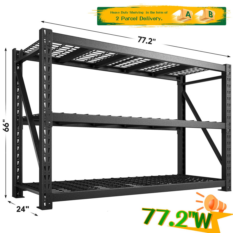 Étagère de rangement en acier robuste de 77 po de largeur avec tablettes en métal