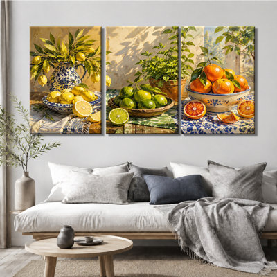 3‑Panel Wall Art Mediterranean Citrus Fruit Still Life Wrapped Canvas Print for Living Room