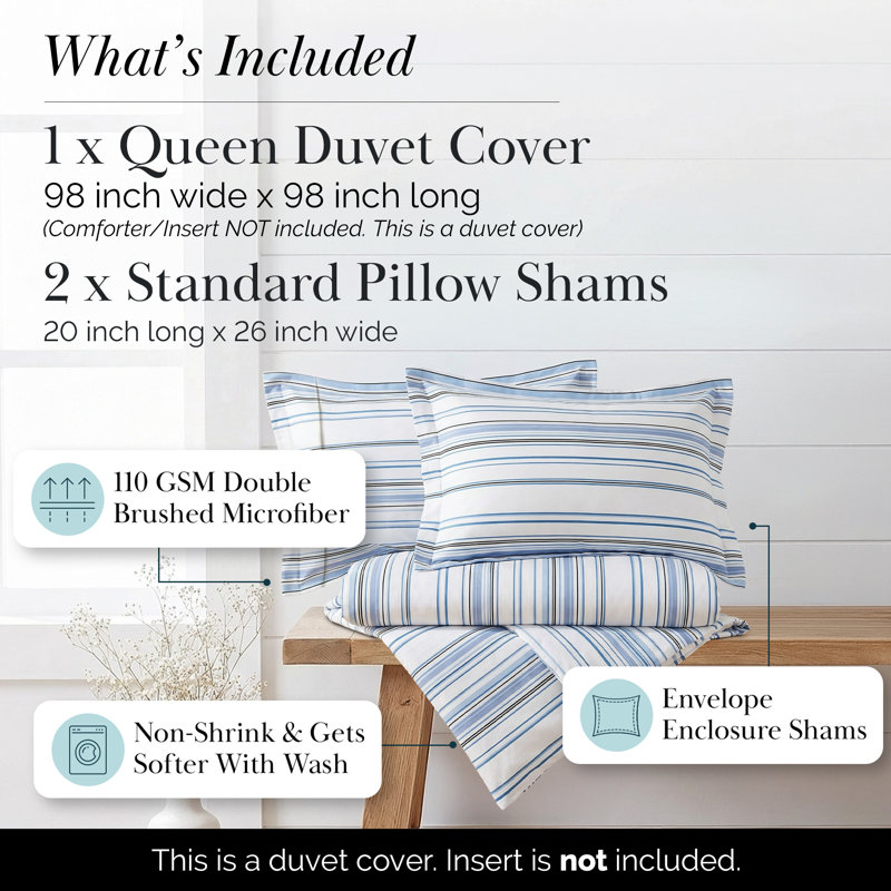 Coastal Stripes Collection Microfiber Reversible Duvet Cover Set, Full/Queen Duvet Cover + 2 Standard Shams, Blue
